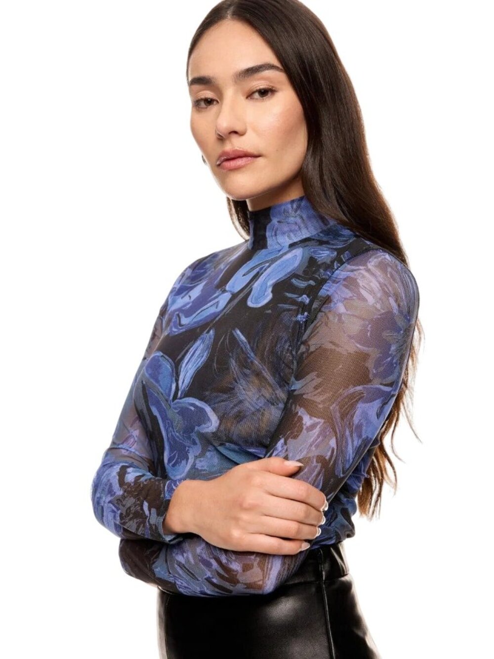 Prabal Gurung Abstract Floral Mesh Turtleneck Top in Blue Swirl Medium Womens